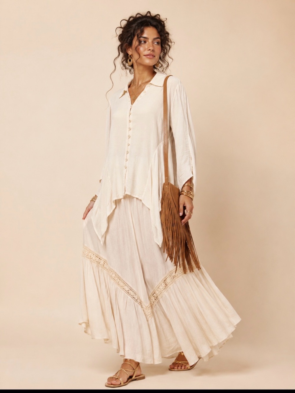 Tulip Silk Blend Asymmetrical Button-Front Loose-Fitting Art-To-Wear Top Cream L